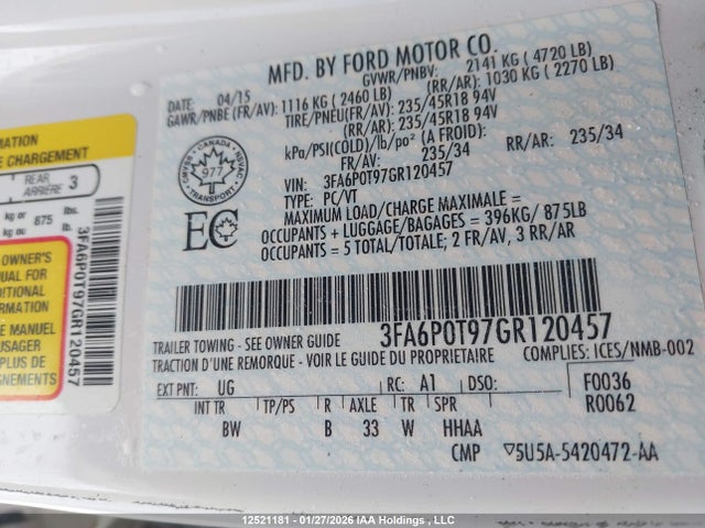 Продаж на аукціоні авто 2016 Ford Fusion Se, vin: 3FA6P0T97GR120457, номер лоту: 12521181