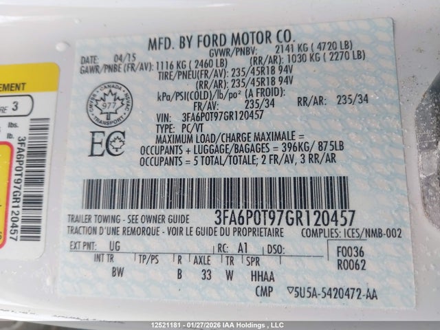 Продаж на аукціоні авто 2016 Ford Fusion Se, vin: 3FA6P0T97GR120457, номер лоту: 12521181