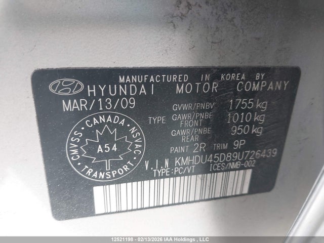 2009 Hyundai Elantra Gl/l მანქანა იყიდება აუქციონზე, vin: KMHDU45D89U726439, აუქციონის ნომერი: 12521198