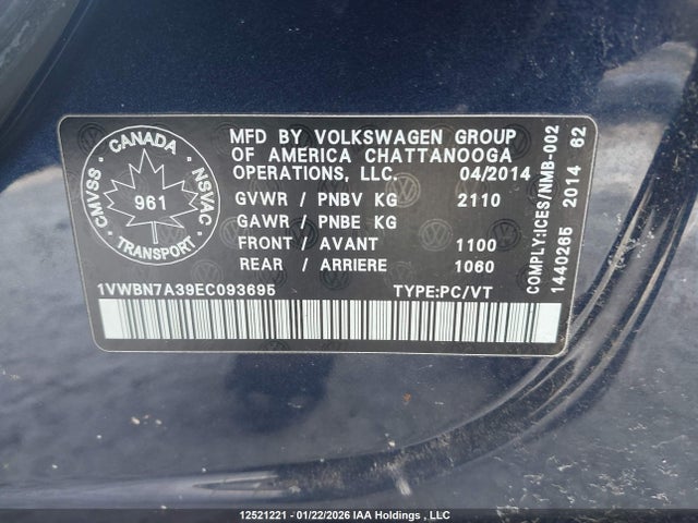 12521221 :رقم المزاد ، 1VWBN7A39EC093695 vin ، 2014 Volkswagen Passat Se مزاد بيع