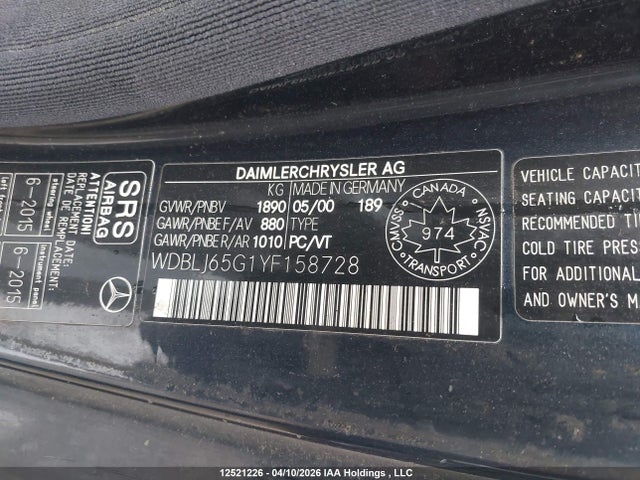 12521226 :رقم المزاد ، WDBLJ65G1YF158728 vin ، 2000 Mercedes-benz Clk 320 مزاد بيع