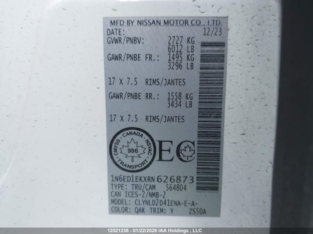 1N6ED1EKXRN626873 Nissan Frontier S/sv/pro-4x/sl