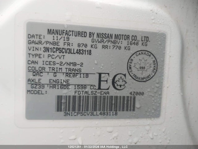 3N1CP5CV3LL483118 Nissan KICKS SV