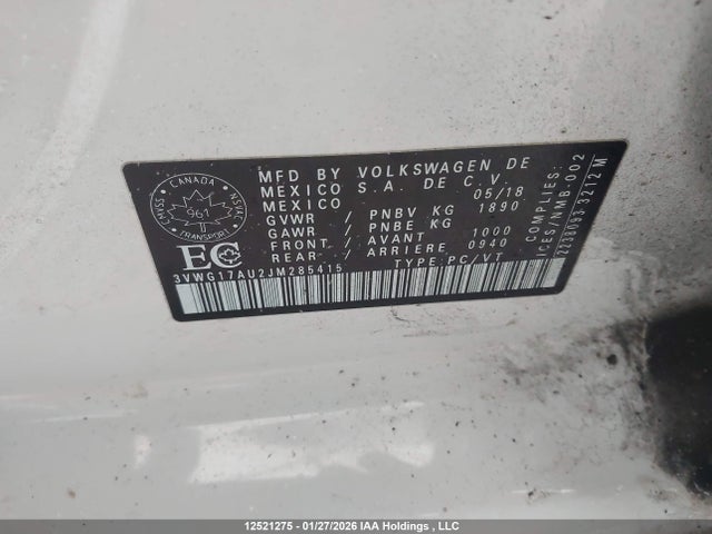 3VWG17AU2JM285415 Volkswagen GOLF S/SE