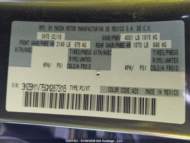 3MZBM1V75GM287316 Mazda Mazda3 Gs