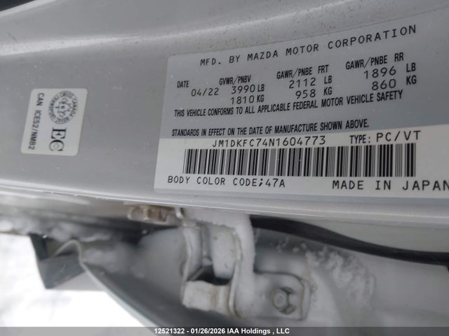 12521322 :رقم المزاد ، JM1DKFC74N1604773 vin ، 2022 Mazda Cx-3 Touring مزاد بيع