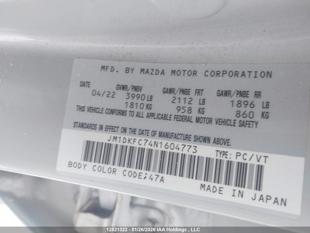 12521322 :رقم المزاد ، JM1DKFC74N1604773 vin ، 2022 Mazda Cx-3 Touring مزاد بيع