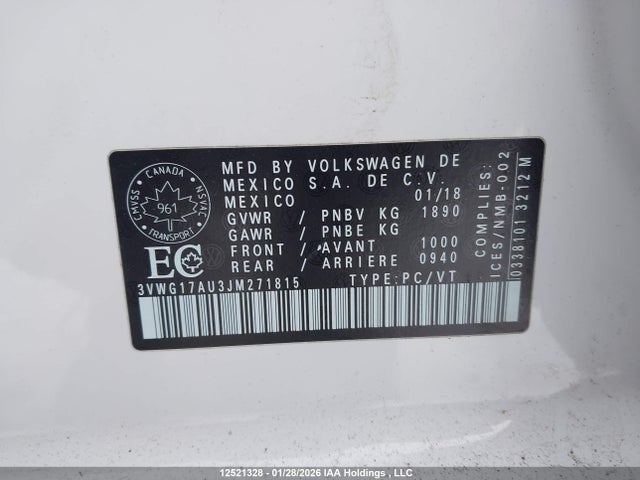 3VWG17AU3JM271815 Volkswagen Golf