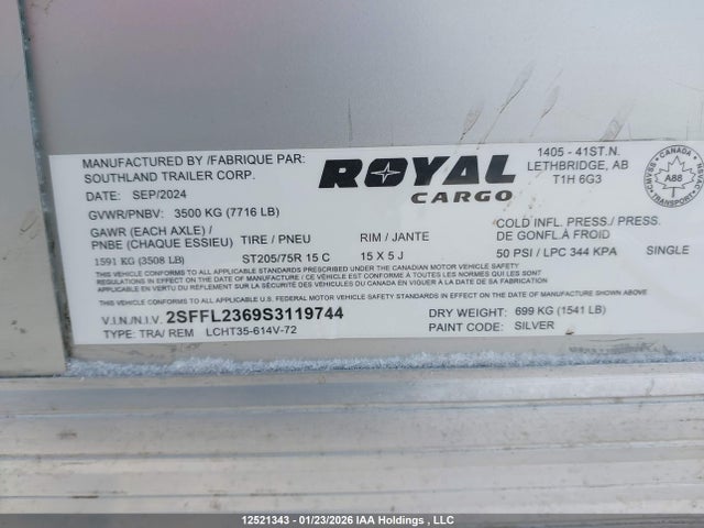 Aukcja sprzedaży 2025 Royal Cargo Cargo Trailer, vin: 2SFFL2369S3119744, numer aukcji: 12521343