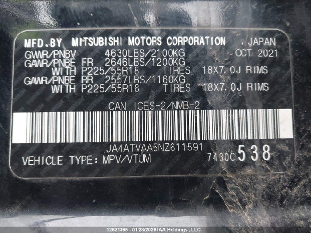 Aukcja sprzedaży 2022 Mitsubishi Eclipse Cross Gt/se/sel, vin: JA4ATVAA5NZ611591, numer aukcji: 12521395