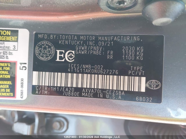 4T1G11AK0NU627276 Toyota CAMRY SE