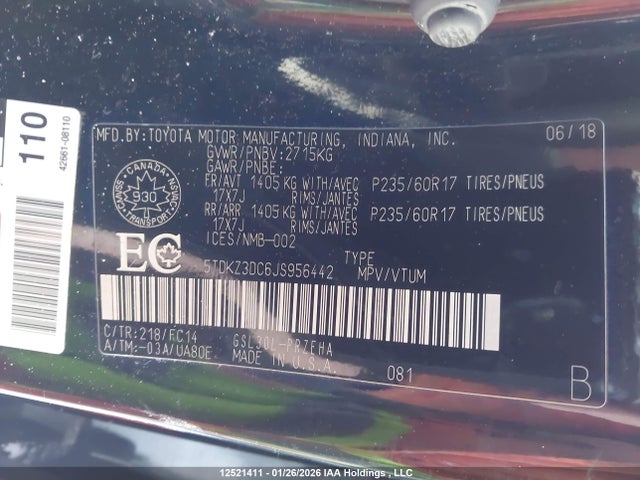 5TDKZ3DC6JS956442 Toyota Sienna Le V6