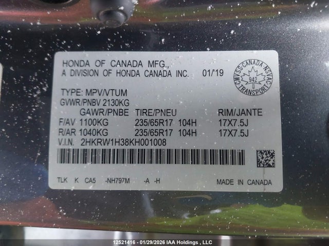 2HKRW1H38KH001008 Honda CR-V LX