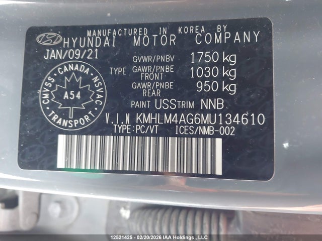 KMHLM4AG6MU134610 Hyundai Elantra