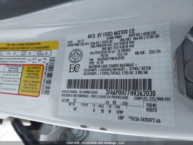 Aukcja sprzedaży 2017 Ford Fusion, vin: 3FA6P0H77HR362030, numer aukcji: 12521435