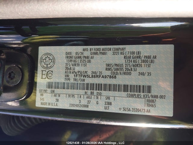 12521438 :رقم المزاد ، 1FTFW5L88RFA97868 vin ، 2024 Ford F-150 Lariat مزاد بيع