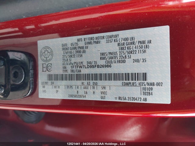 Продаж на аукціоні авто 2025 Ford F-150 Platinum, vin: 1FTFW7LD9SFB26986, номер лоту: 12521441