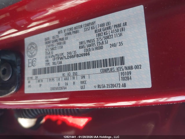 Продаж на аукціоні авто 2025 Ford F-150 Platinum, vin: 1FTFW7LD9SFB26986, номер лоту: 12521441