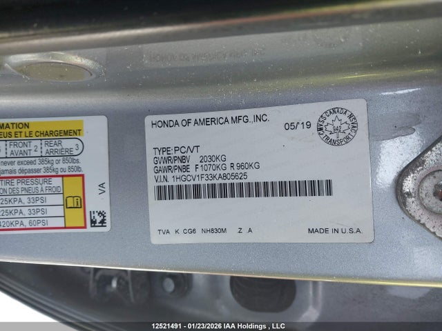 1HGCV1F33KA805625 Honda Accord