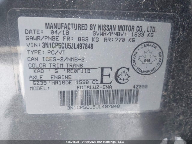 3N1CP5CU5JL497848 Nissan Kicks S/sr/sv