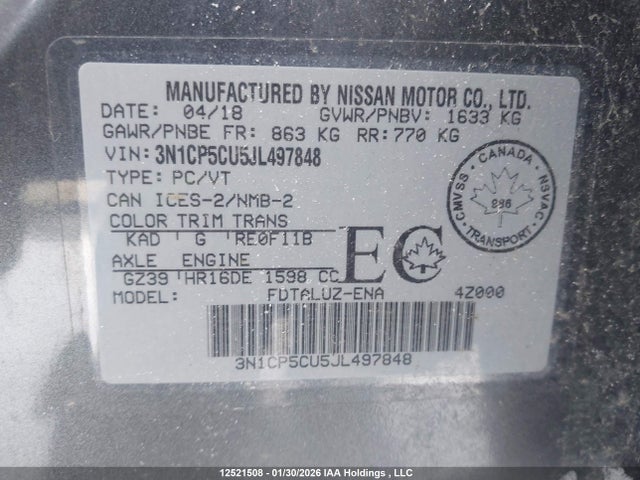 3N1CP5CU5JL497848 Nissan Kicks S/sr/sv