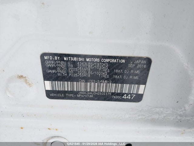 Aukcja sprzedaży 2017 Mitsubishi Rvr Se Limited/gt, vin: JA4AJ4AU0HZ602375, numer aukcji: 12521545