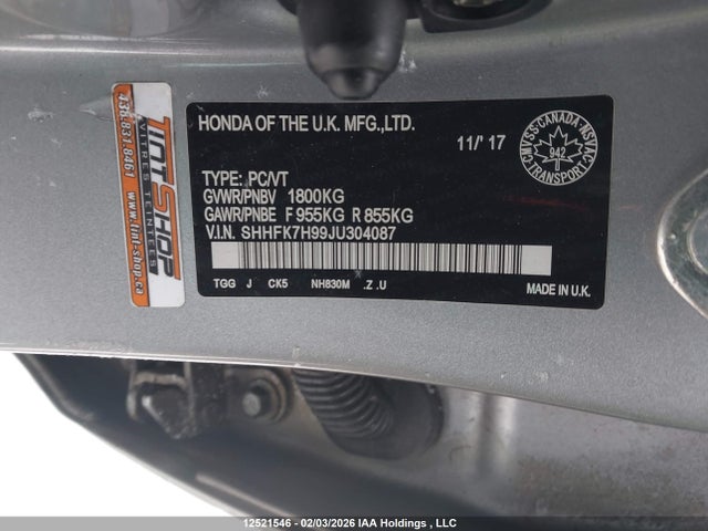 SHHFK7H99JU304087 Honda Civic Sport Touring