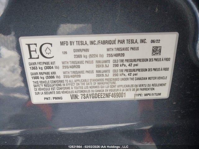 7SAYGDEE2NF469001 Tesla Model Y