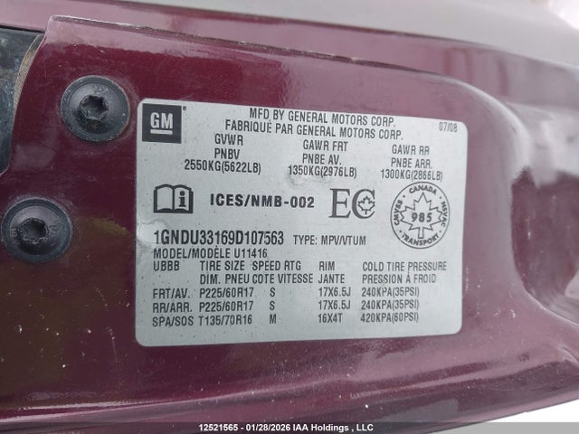 Aukcja sprzedaży 2009 Chevrolet Uplander Lt, vin: 1GNDU33169D107563, numer aukcji: 12521565