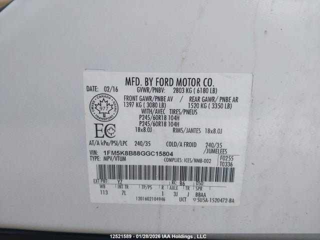 12521589 :رقم المزاد ، 1FM5K8B88GGC15804 vin ، 2016 Ford Explorer مزاد بيع