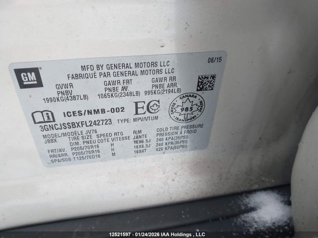 Продаж на аукціоні авто 2015 Chevrolet Trax 2lt, vin: 3GNCJSSBXFL242723, номер лоту: 12521597