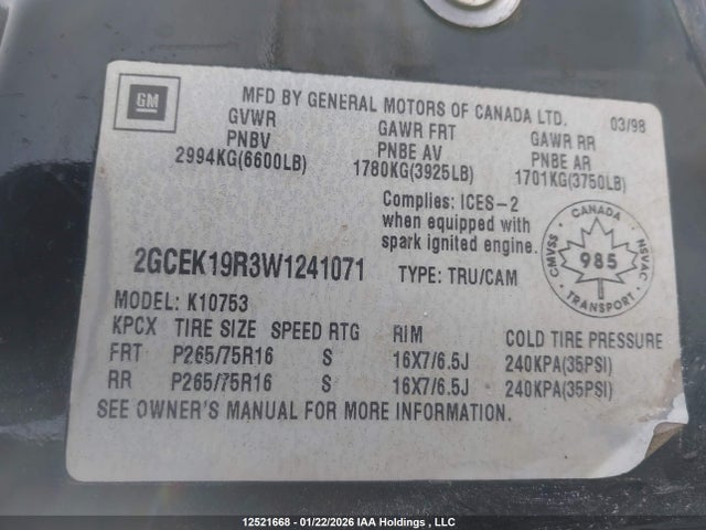 Aukcja sprzedaży 1998 Chevrolet Gmt-400 K1500, vin: 2GCEK19R3W1241071, numer aukcji: 12521668