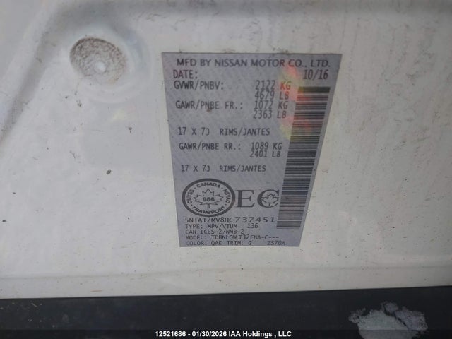 5N1AT2MV8HC737451 Nissan Rogue S/sl Platinum/sv