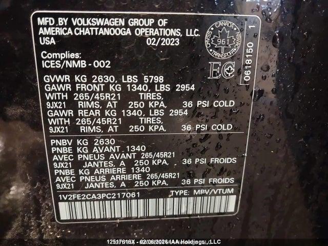 12517616 :رقم المزاد ، 1V2FE2CA3PC217061 vin ، 2023 Volkswagen Atlas Cross Sport 3.6 Fsi Execline مزاد بيع