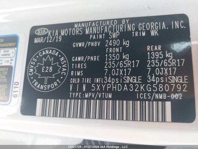 5XYPHDA32KG580792 KIA Sorento 2.4l Ex