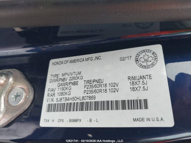 5J8TB4H50HL807869 Acura Rdx Tech