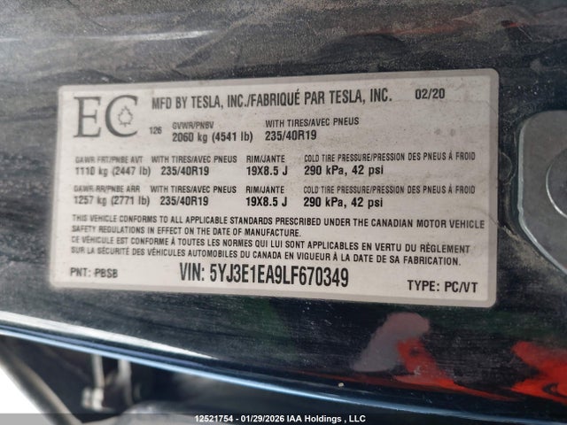 5YJ3E1EA9LF670349 Tesla Model 3 Standard Range Plus