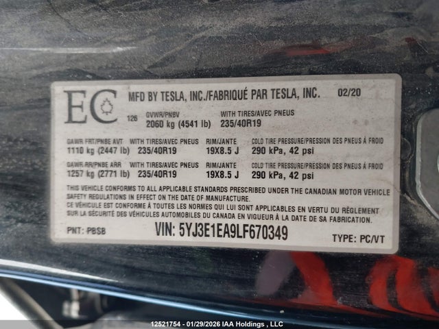 5YJ3E1EA9LF670349 Tesla Model 3 Standard Range Plus