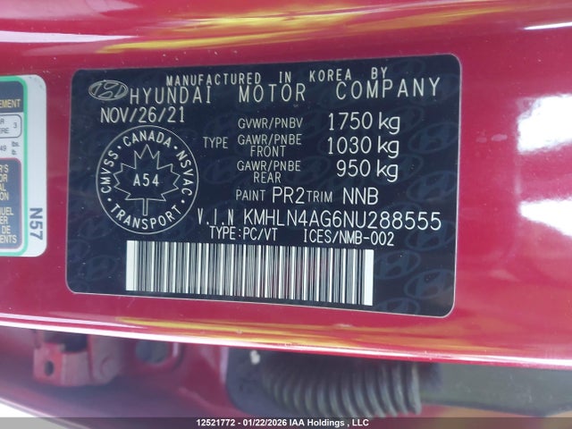 12521772 :رقم المزاد ، KMHLN4AG6NU288555 vin ، 2022 Hyundai Elantra Ultimate Ivt مزاد بيع