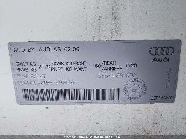 Aukcja sprzedaży 2006 Audi A3 3.2 S Line, vin: WAUKD78P66A154784, numer aukcji: 12521781