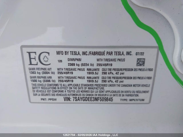 Aukcja sprzedaży 2022 Tesla Model Y Long Range, vin: 7SAYGDEE3NF509845, numer aukcji: 12521784