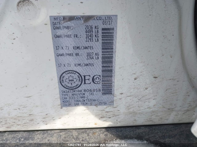 5N1AT2MT4HC806358 Nissan Rogue S/sl