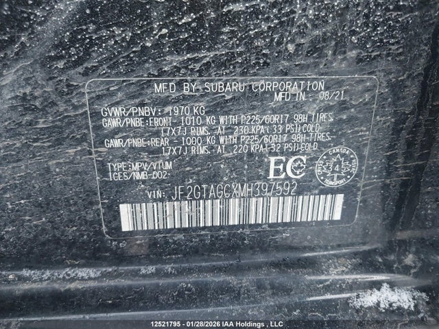 JF2GTAGCXMH397592 Subaru Crosstrek Premium