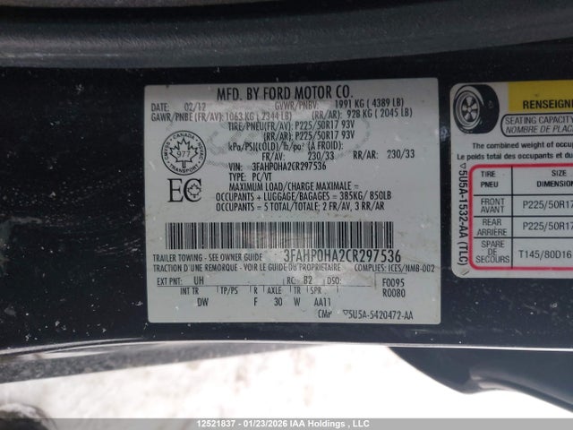 12521837 :رقم المزاد ، 3FAHP0HA2CR297536 vin ، 2012 Ford Fusion Se مزاد بيع