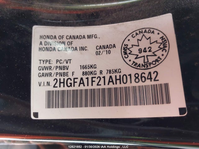 12521852 :رقم المزاد ، 2HGFA1F21AH018642 vin ، 2010 Honda Civic Dx مزاد بيع