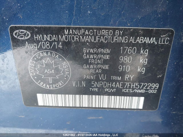 5NPDH4AE7FH572299 Hyundai ELANTRA GL