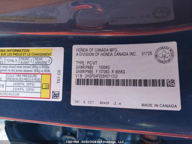 2HGFE4F83SH011302 Honda Civic Hybrid Sport/sport Touring