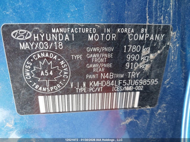 KMHD84LF5JU698595 Hyundai Elantra Sel/value/limited