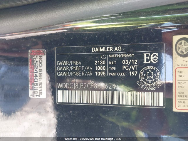 12521897 :رقم المزاد ، WDDGJ8JB2CF888624 vin ، 2012 Mercedes-benz C 350 4matic مزاد بيع