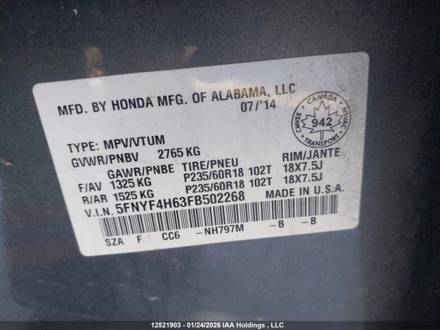 12521903 :رقم المزاد ، 5FNYF4H63FB502268 vin ، 2015 Honda Pilot Ex-l مزاد بيع